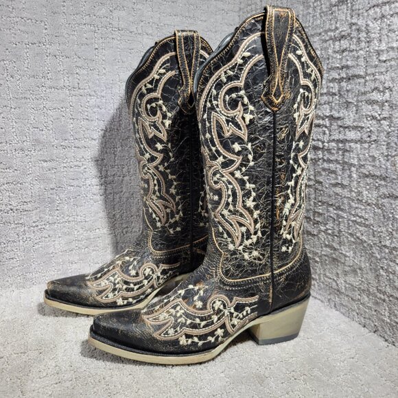 J.B Dillon Reserve Women’s Size 7B Inlay Leather Cowboy Western Boots JBR04014